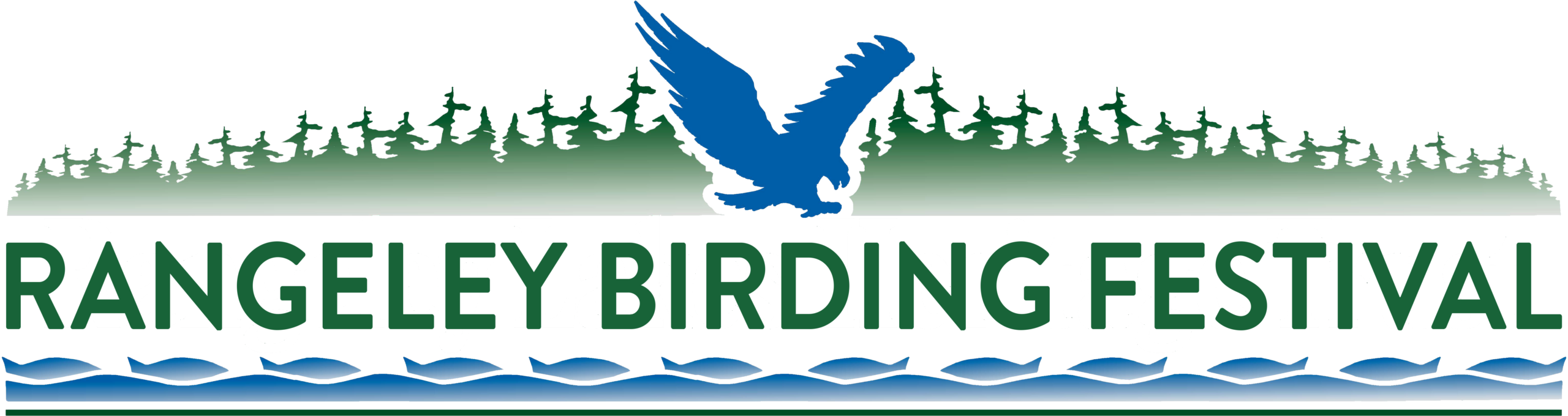 Logo for the Rangeley Birding Festival featuring the silhouette of an Eagle over coniferous trees with water and fish below.